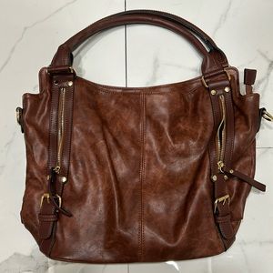 Brown PU leather large crossbody tote/ hand bag.